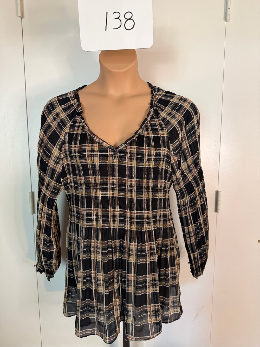 Melissa Paige Black and Tan Plaid Long-Sleeve V-Neck Peasant Dress